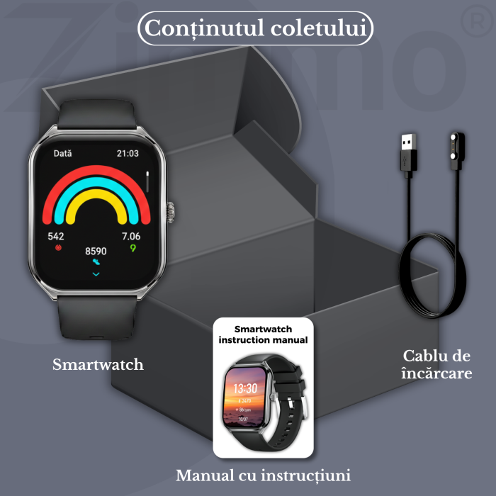 Ceas smartwatch Zimmo®, Ecran curbat, Amoled FullTouch 1.96 inch, Negru [13]