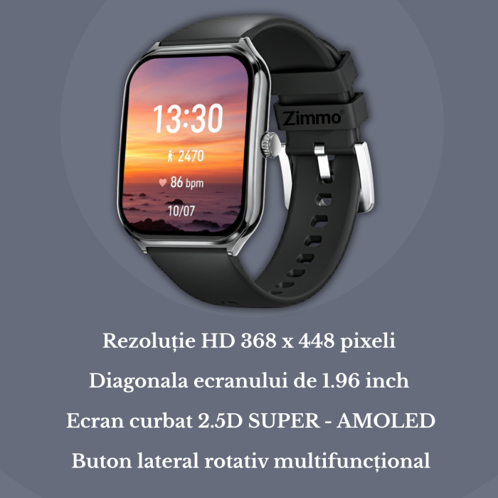 Ceas smartwatch Zimmo®, Ecran curbat, Amoled FullTouch 1.96 inch, Negru [5]