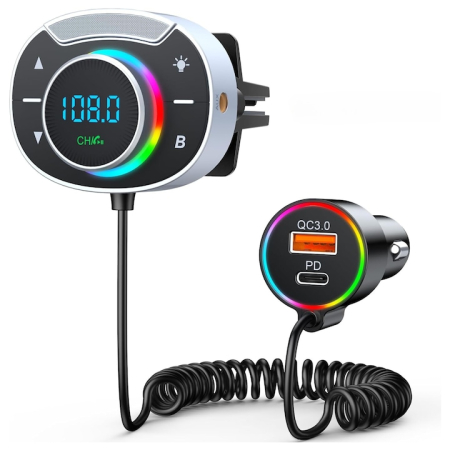 Accesorii auto - Modulator FM Zimmo® Auto, Bluetooth 5.3, Transmitator Radio FM, Redare AUX si Micro SD, SuperBass, Hands-Free, Noise Cancelling, Microfon Clear Voice, Anulare zgomot de fundal, Functie incarcare rapid