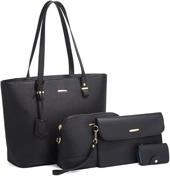 Set 4 genți de mână și umăr ZMR, piele sintetică rezistentă, modele diverse, capacitate mare, negru [1]