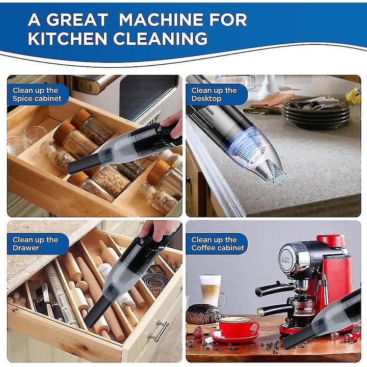 Aspirator de mână portabil ZMR, 120W, 6000 Pa, baterie 2200 mAh, wireless, zgomot redus, negru, accesorii multiple [3]