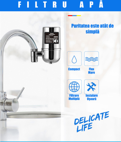 Filtru de apă pentru robinet ZMR, capacitate 50.000L, 7 etape filtrare, cartuș reutilizabil, elimină impurități, clor și metale grele, montaj rapid, argintiu [3]