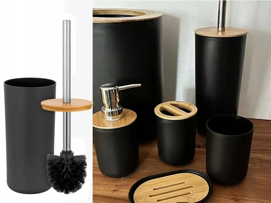 Set baie 6 piese ZMR, negru mat cu accente lemn, cos gunoi, perie WC, dozator săpun, suport periute, pahar și săpunieră [2]