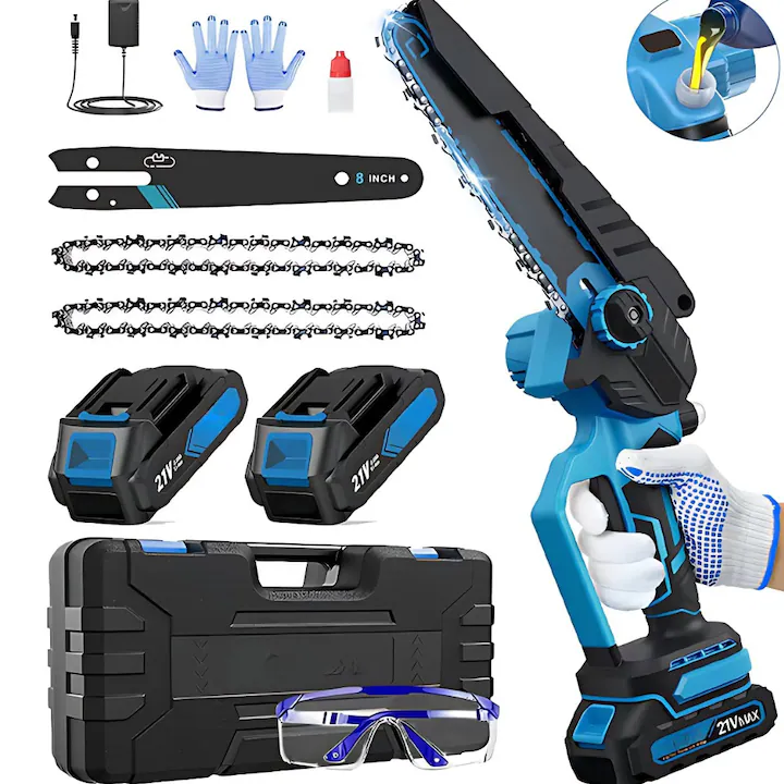 Mini Fierăstrău cu lanț ZMR 8 inch brushless, 2 baterii Li-Ion 2600 mAh, sistem lubrifiere și reglare automată, electric, portabil, albastru/negru [1]