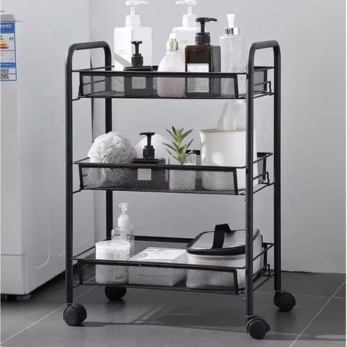 Raft cu 3 polițe și coșuri metalice ZMR, roți pivotante 360°, design modern, multifunctional, negru, 63x24x44 cm [3]