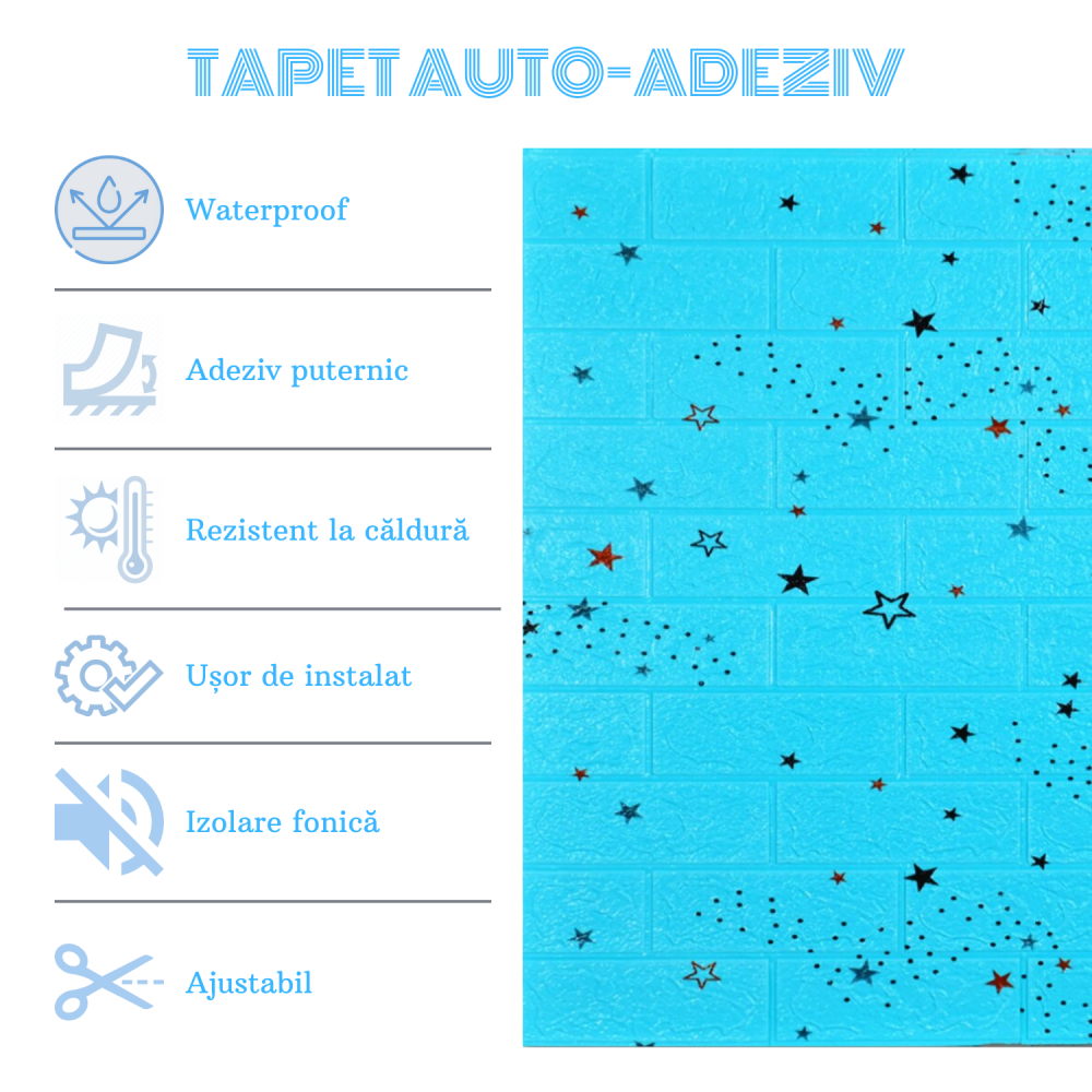 Set 10 Panouri Decorative Autoadezive 3D ZMR, 70x77 cm, Model 'Cărămidă Albastră cu Stele Negre și Roșii' [4]