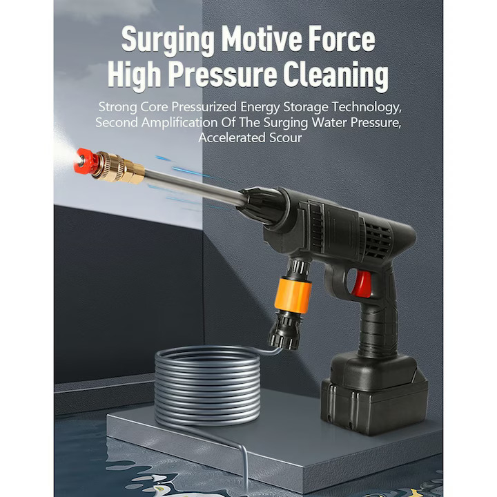 Aparat de Spalat cu Presiune Portabil ZMR, 40 Bar, 300W, Acumulator 48V 12.000 mAh, Autonomie 30 min, Furtun 5m, 2 Duze Reglabile, Rezervor Detergenti, Jet Puternic, Ideal pentru Masina, Curte, Mobili [4]