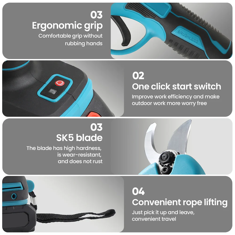 Foarfeca Electrica ZMR 48V 2x Baterii 2000mAh Li-Ion, Motor Brushless, Lame SK5 Otel Carbon, Taiere Crengi 0-30mm, Autonomie 3.5h, Incarcare 2h, Greutate Redusa, Kit Complet: Incarcator, Ulei, Piatra [8]