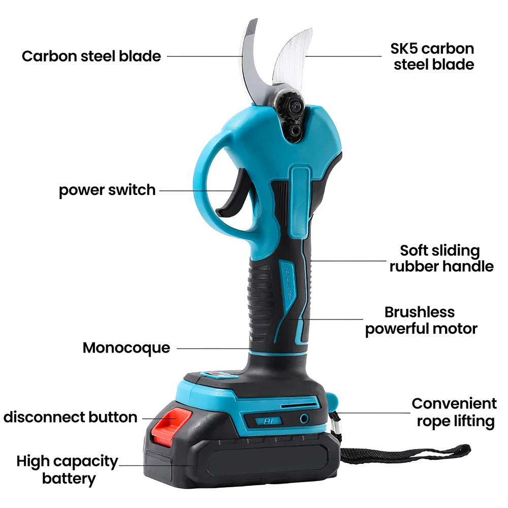 Foarfeca Electrica ZMR 48V 2x Baterii 2000mAh Li-Ion, Motor Brushless, Lame SK5 Otel Carbon, Taiere Crengi 0-30mm, Autonomie 3.5h, Incarcare 2h, Greutate Redusa, Kit Complet: Incarcator, Ulei, Piatra [6]