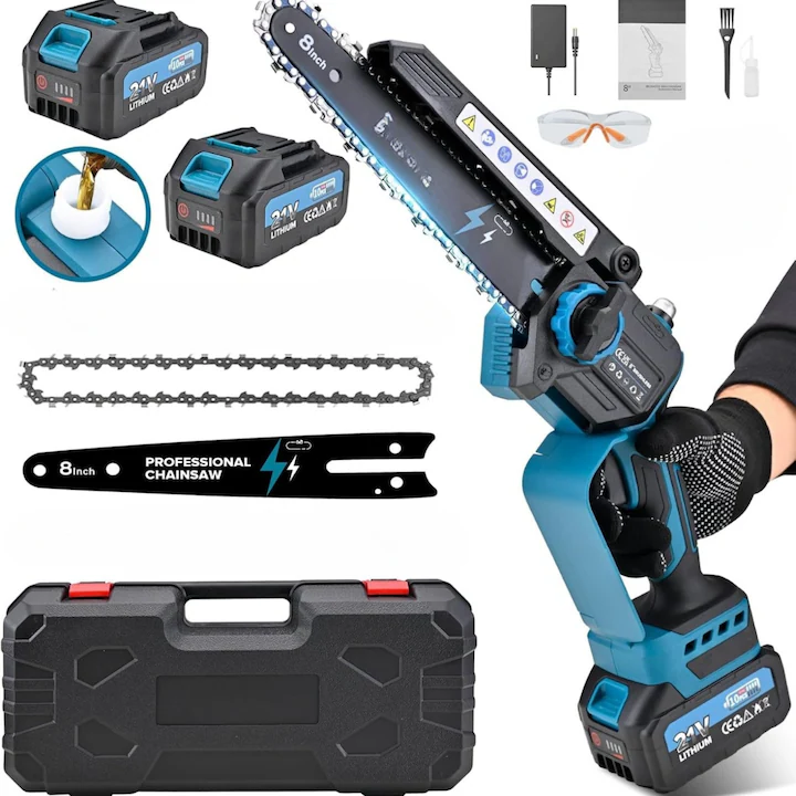 Mini Fierăstrău cu lanț ZMR 8 inch brushless, 2 baterii Li-Ion 2600 mAh, sistem lubrifiere și reglare automată, electric, portabil, albastru/negru [5]