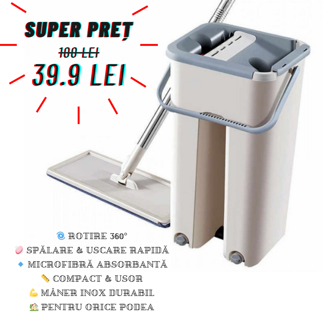 Mop Profesional cu Galeata cu Doua Cuve, Rotativ 360, Maner Telescopic Inox, Lavete Microfibra Reutilizabile [1]