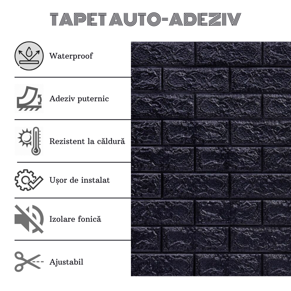 Set 10 Panouri Decorative Autoadezive 3D ZMR, 70x77 cm, Design 'Caramida Neagra', Grosime 3 mm, Material PVC, Acoperire: 5,4 mp – Eleganta Moderna pentru Peretii din Living sau Holuri [4]