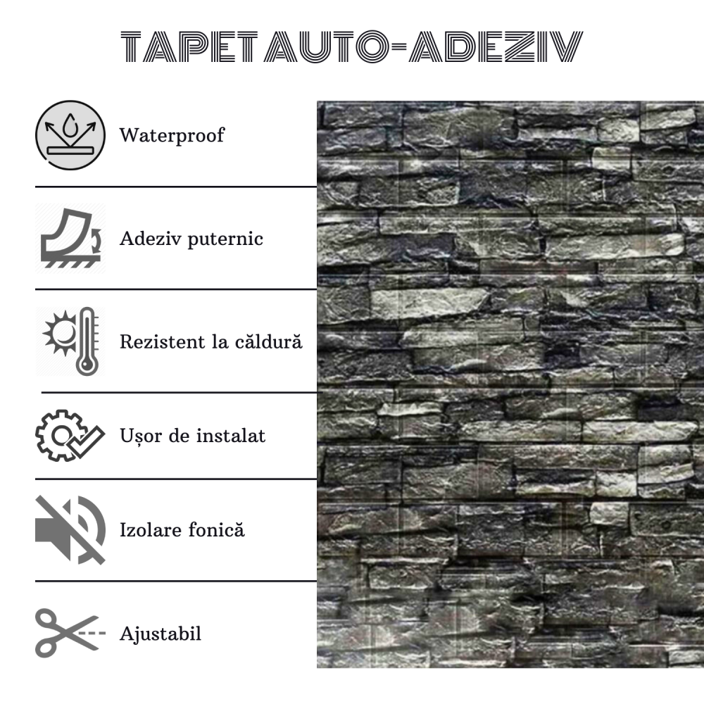 Set 10 Panouri Decorative Autoadezive 3D ZMR, 70x77 cm, Textura 'Piatra Naturala Intunecata', Grosime 3 mm, Material PVC Rezistent, Acoperire: 5,4 mp – Potrivit pentru Spatii cu Design Industrial [4]