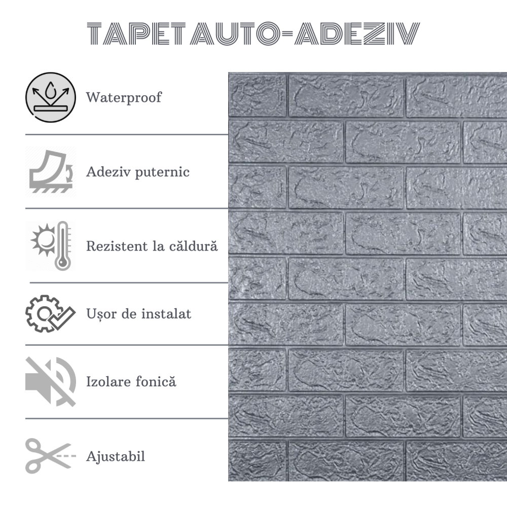 Set 10 Panouri Decorative Autoadezive 3D ZMR, 70x77 cm, Design 'Caramida Gri', Grosime 3 mm, Material PVC, Acoperire: 5,4 mp – Modern si Usor de Aplicat, Perfect pentru Spatii cu Aspect Industrial [4]