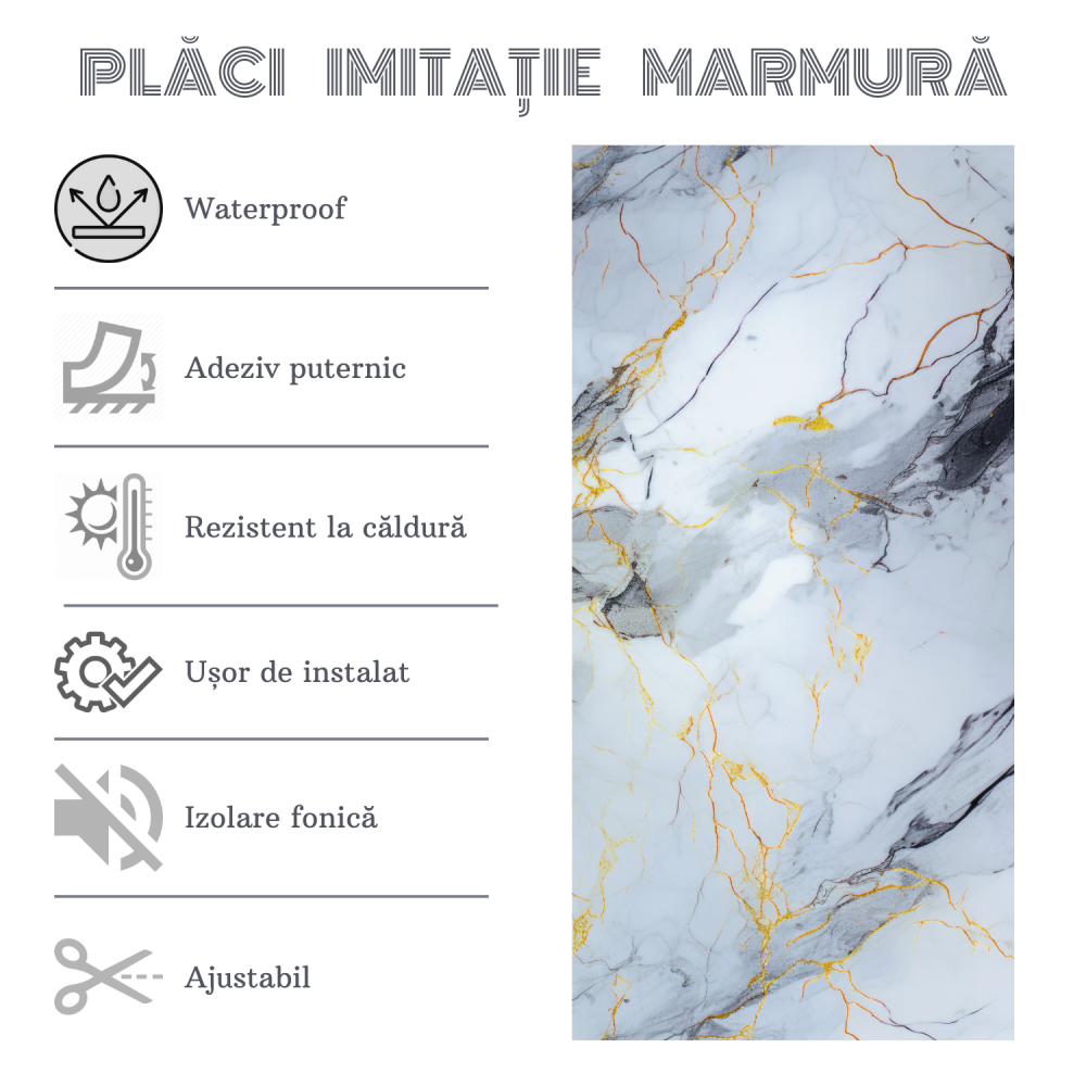 Set 10 Placi Imitatie Marmura Autoadezive ZMR, 30x60 cm, Model 'Crapaturi Aurii', Grosime 2 mm, Material PVC Impermeabil, Acoperire: 1, 8 mp – Design Luxos cu Detalii Aurii [2]