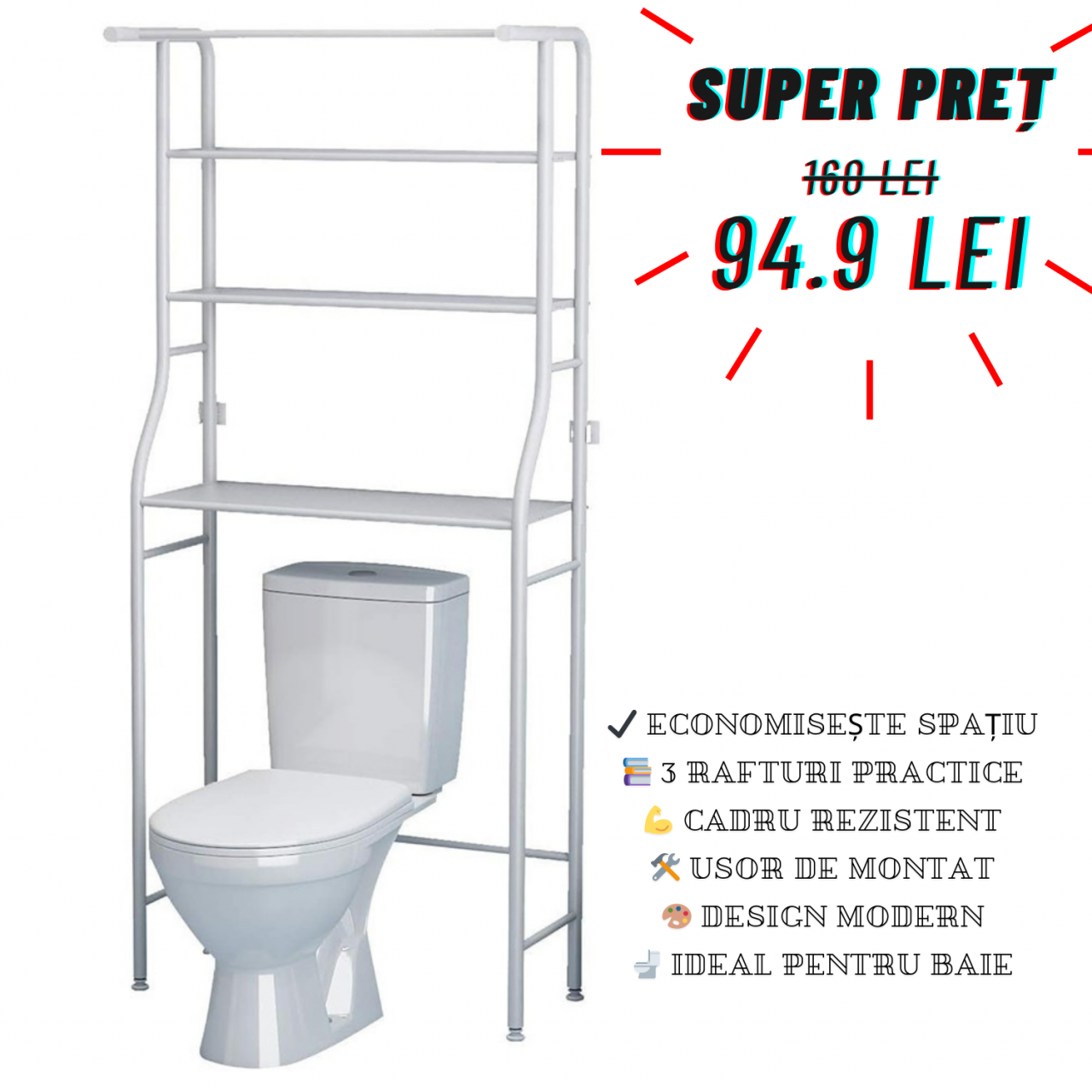 Raft Organizator pentru Baie, 3 Niveluri, Cadrul Metalic, Alb, 155x46x25 cm, Fara Gaurire, Depozitare Prosoape, Cosmetice, Produse Igiena, Montaj Usor, Picioruse Reglabile, Design Modern si Compact [1]