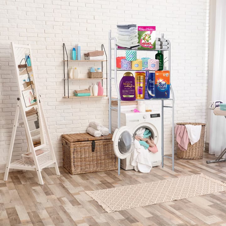 Raft Organizator pentru Baie, 3 Niveluri, Cadrul Metalic, Alb, 155x46x25 cm, Fara Gaurire, Depozitare Prosoape, Cosmetice, Produse Igiena, Montaj Usor, Picioruse Reglabile, Design Modern si Compact [7]