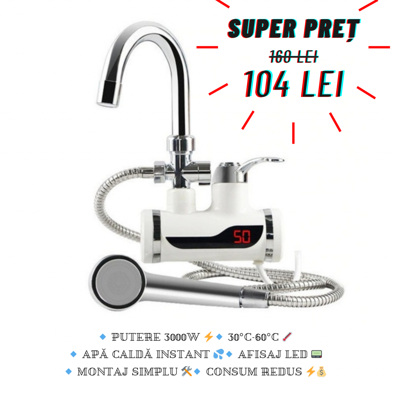 Robinet Electric Instant cu Dus, Apa Calda 30-60°C, 3000W, Afisaj LED, Pipa Rotativa 360°, Debit 1.5-2L/min, Economie de Energie, Montaj Simplu, Ideal pentru Bucatarie, Baie, Case de Vacanta [1]