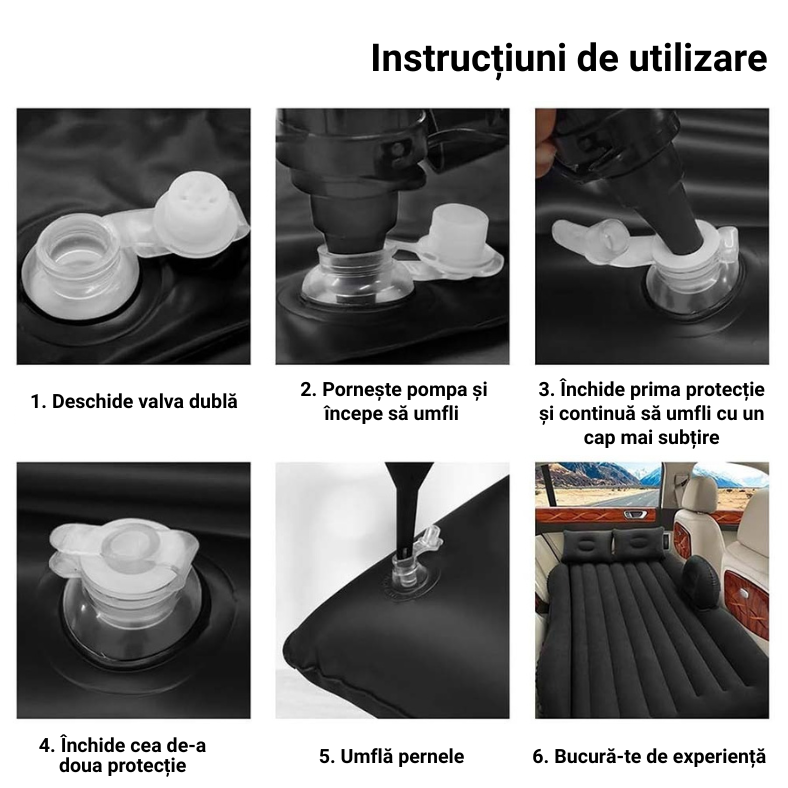 Saltea Auto Gonflabila ZMR pentru Bancheta Masinii, 75x125 cm, cu 2 Perne Incluse si Pompa Electrica, Design Ergonomic, Material PVC Rezistent, Impermeabil, Culoare Gri [3]