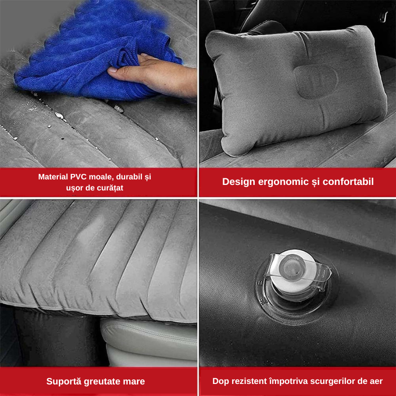 Saltea Auto Gonflabila ZMR pentru Bancheta Masinii, 75x125 cm, cu 2 Perne Incluse si Pompa Electrica, Design Ergonomic, Material PVC Rezistent, Impermeabil, Culoare Gri [5]