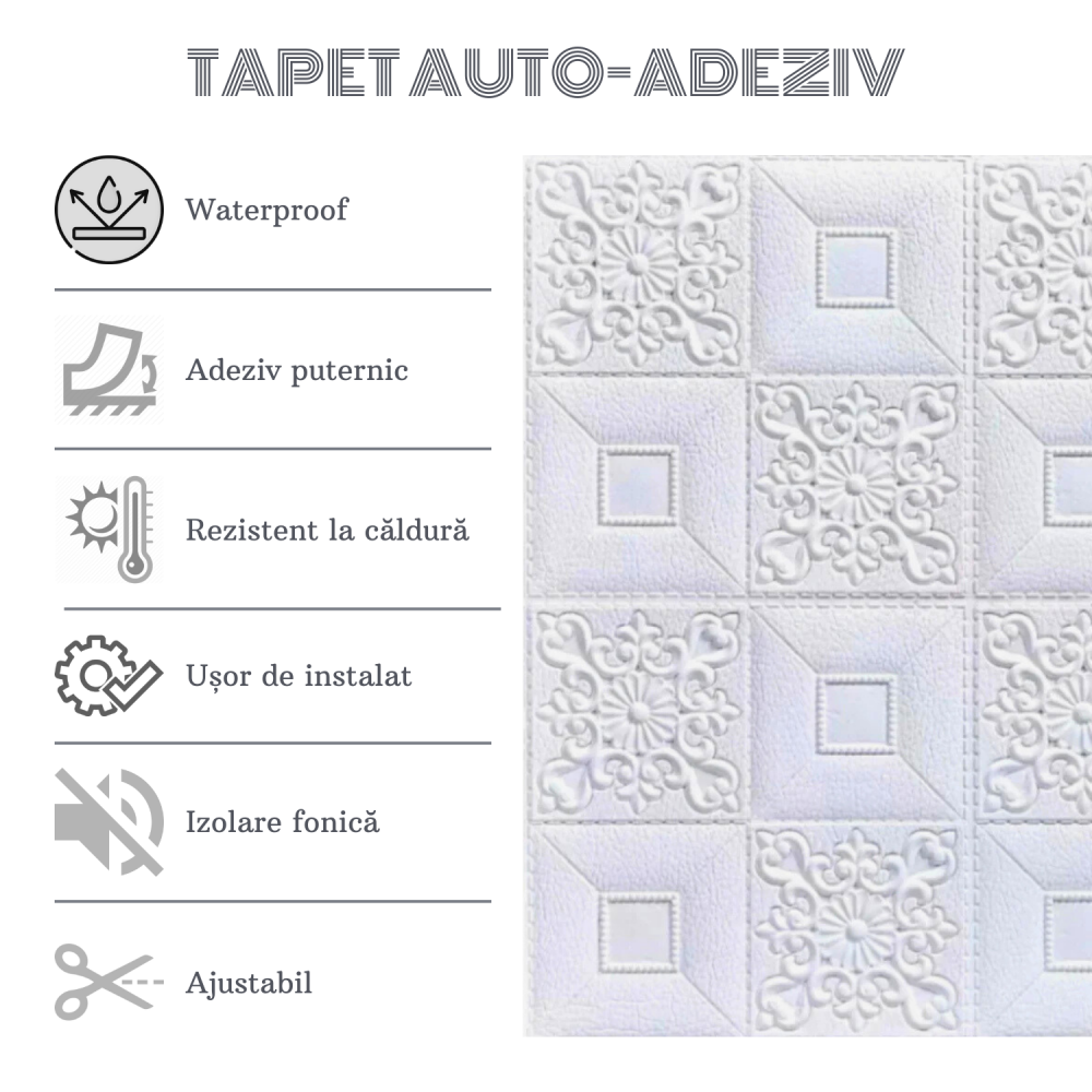 Set 10 Panouri Decorative Autoadezive 3D ZMR, 70x77 cm, Model 'Floral Alb in Relief', Grosime 3 mm, Material PVC Rezistent, Acoperire: 5,4 mp – Ideal pentru Tavane si Pereti din Dormitoare sau Saloane [2]