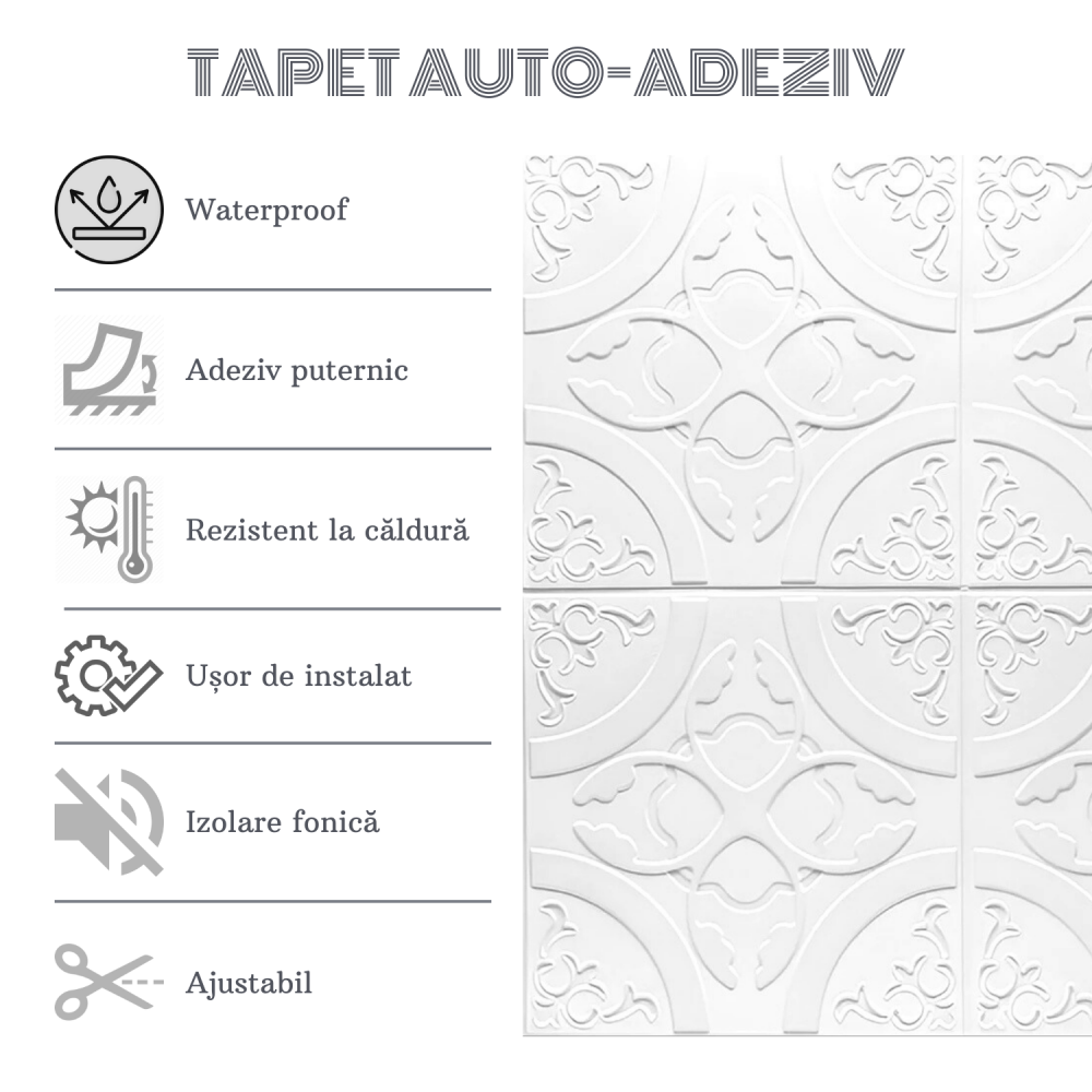 Set 10 Panouri Decorative Autoadezive 3D ZMR, 70x77 cm, Model 'Floral Clasic Alb', Grosime 3 mm, Material PVC Rezistent la Apa, Acoperire: 5,4 mp – Decoruri Clasice pentru Spatii Moderne [2]