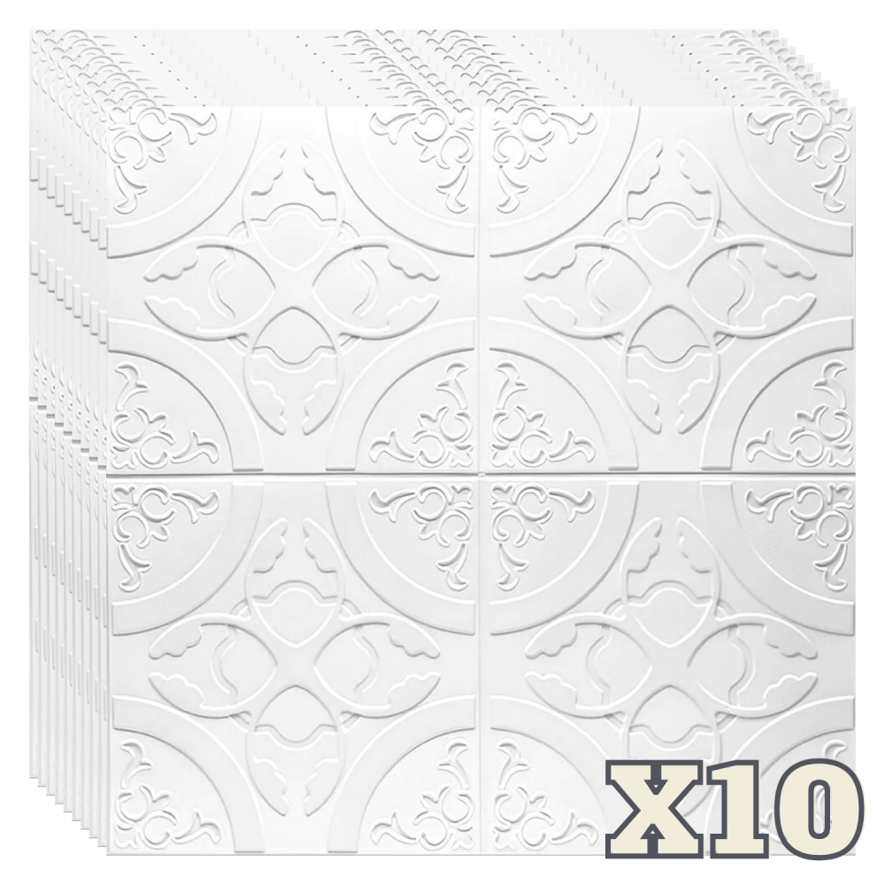 Set 10 Panouri Decorative Autoadezive 3D ZMR, 70x77 cm, Model 'Floral Clasic Alb', Grosime 3 mm, Material PVC Rezistent la Apa, Acoperire: 5,4 mp – Decoruri Clasice pentru Spatii Moderne [1]