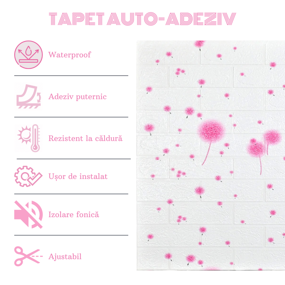 Set 10 Panouri Decorative Autoadezive 3D ZMR, 70x77 cm, Model 'Puf Roz de Papadie', Grosime 3 mm, Material PVC Rezistent la Apa, Acoperire: 5,4 mp – Transformare Rapida si Eleganta a Peretilor [2]