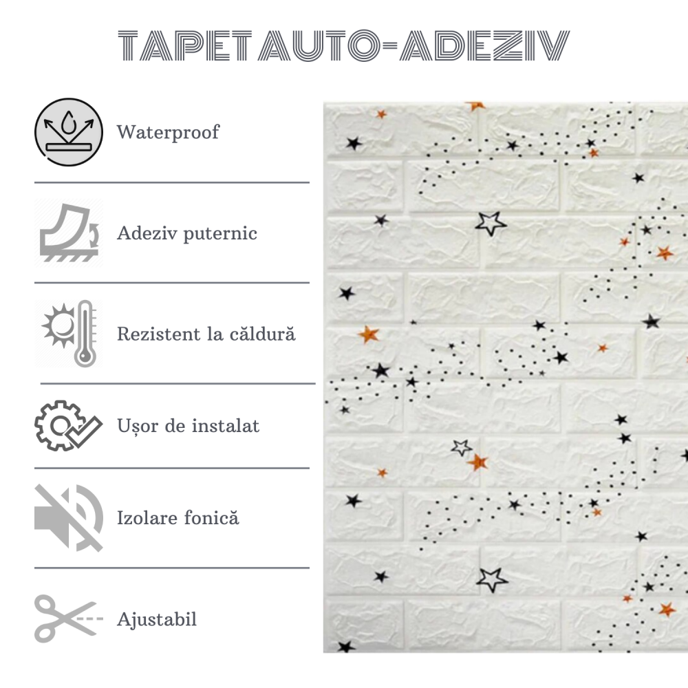 Set 10 Panouri Decorative Autoadezive 3D ZMR, 70x77 cm, Model 'Cărămidă Albă cu Stele Negre și Portocalii' [4]