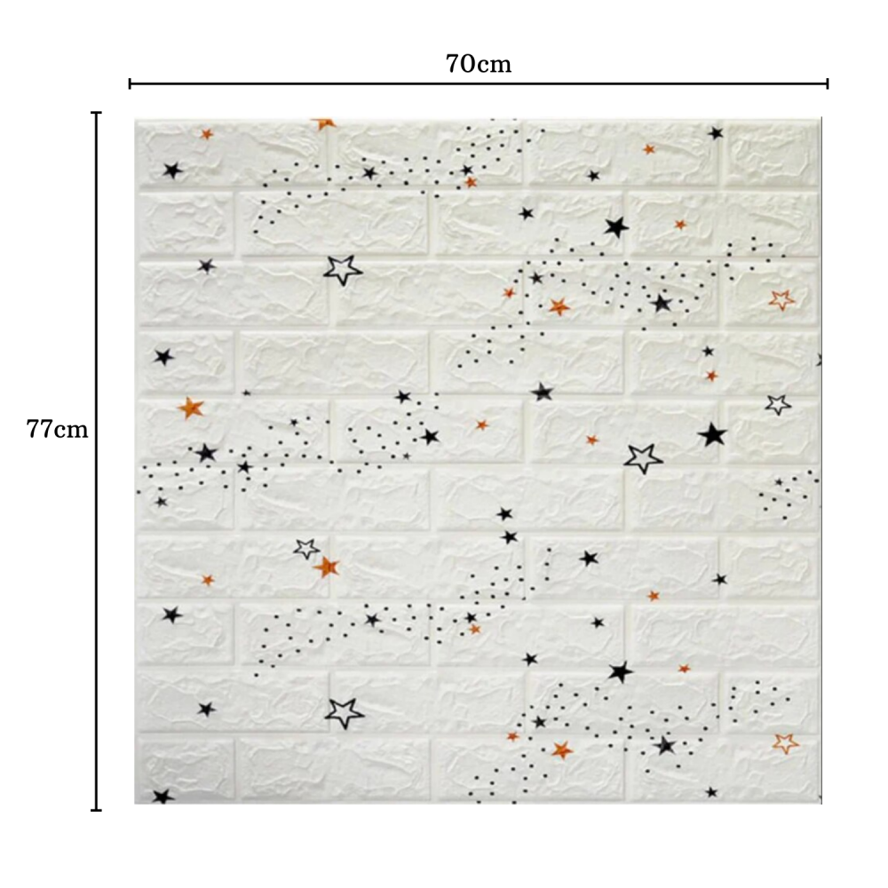Set 10 Panouri Decorative Autoadezive 3D ZMR, 70x77 cm, Model 'Cărămidă Albă cu Stele Negre și Portocalii' [2]