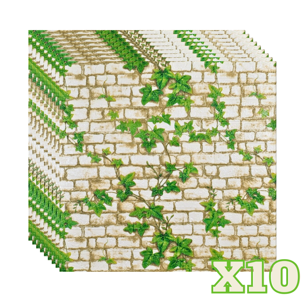 Set 10 Panouri Decorative Autoadezive 3D ZMR, 70x77 cm, Model 'Cărămidă Albă cu Viță de Vie Verde' [1]