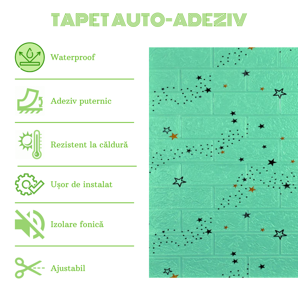 Set 10 Panouri Decorative Autoadezive 3D ZMR, 70x77 cm, Model 'Cărămidă Verde Mentă cu Stele Negre și Portocalii' [4]