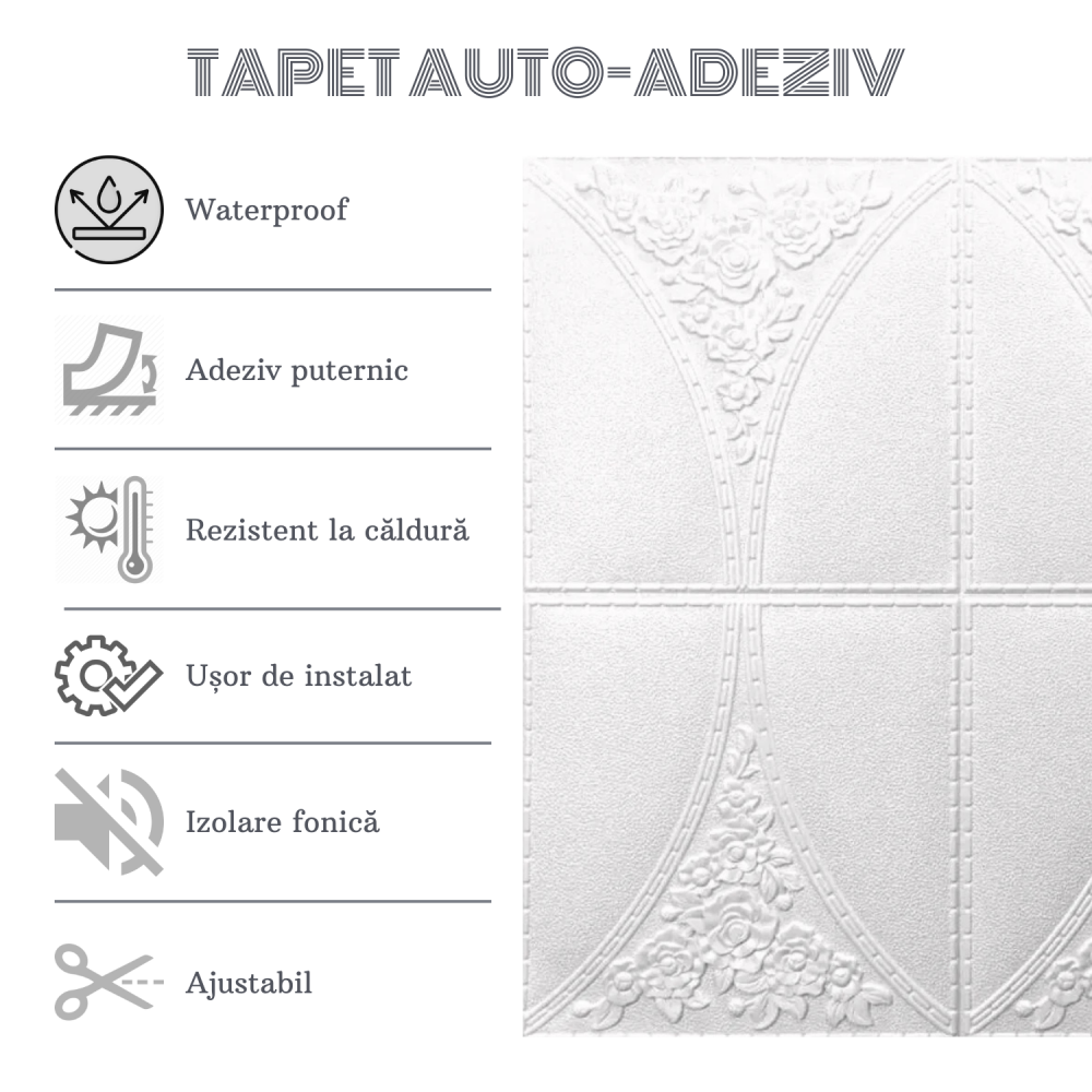 Set 10 Panouri Decorative Autoadezive 3D ZMR, 70x70 cm, Model 'Floral Arc Alb', Grosime 3 mm, Material PVC Rezistent la Apa, Acoperire: 4, 9 mp – Design Floral Clasic pentru Spatii Distinse [4]