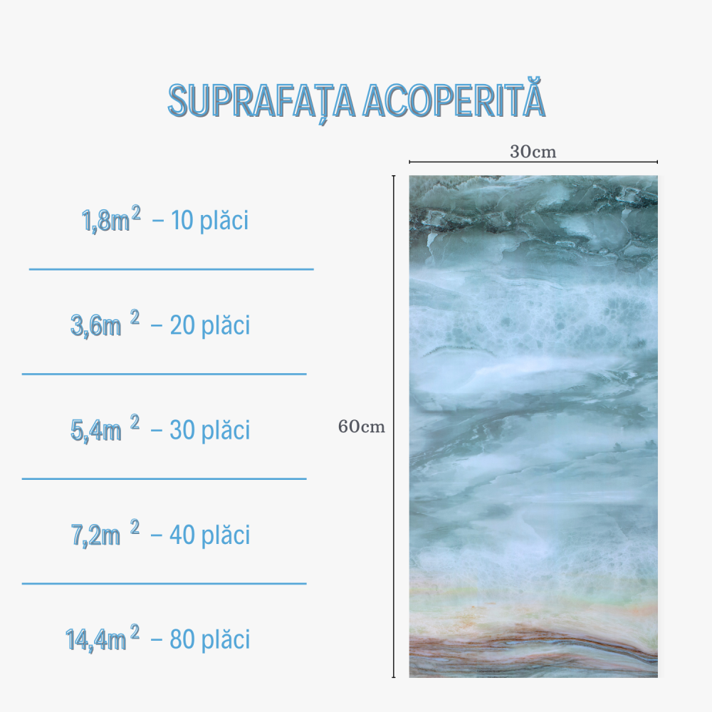 Set 10 Plăci Imitatie Marmură Autoadezive ZMR, 30x60 cm, Model 'Azur Tranquil', Grosime 2 mm, Material PVC Impermeabil, Acoperire: 1,8 mp – Pentru Interioare Moderne și Relaxante - ZMR [3]