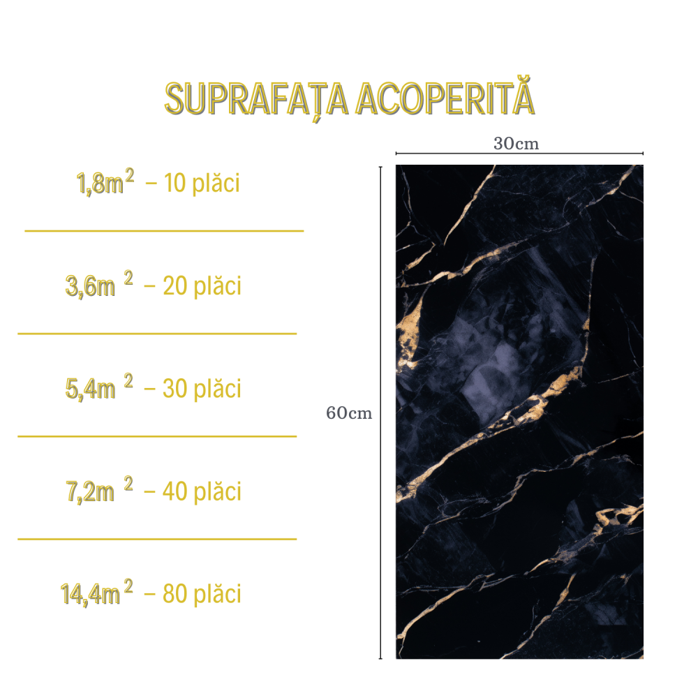 Set 10 Plăci Imitatie Marmură Autoadezive ZMR, 30x60 cm, Model 'Noaptea Aurie', Grosime 2 mm, Material PVC Impermeabil, Acoperire: 1,8 mp – Pentru Interioare Luxuriate și Moderne - ZMR [3]