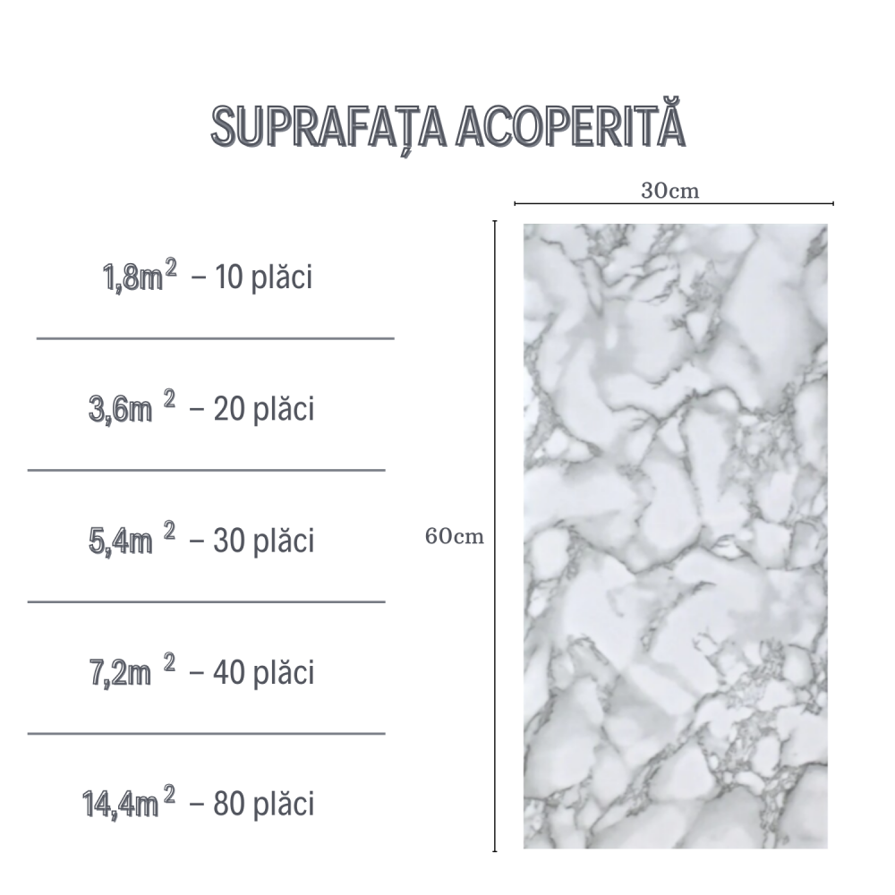 Set 10 Plăci Imitatie Marmură Autoadezive ZMR, 30x60 cm, Model 'Lumina Arctică', Grosime 2 mm, Material PVC Impermeabil, Acoperire: 1,8 mp – Pentru Interioare Rafinate și Moderne - ZMR [2]