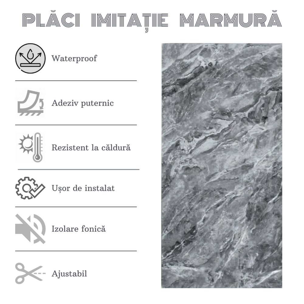 Set 10 Placi Imitatie Marmura Autoadezive ZMR, 30x60 cm, Design 'Marmura Gri Moderna', Grosime 2 mm, Material PVC Impermeabil, Acoperire: 1,8 mp – Perfecte pentru Bucatarii, Holuri sau Zone de Accent [4]