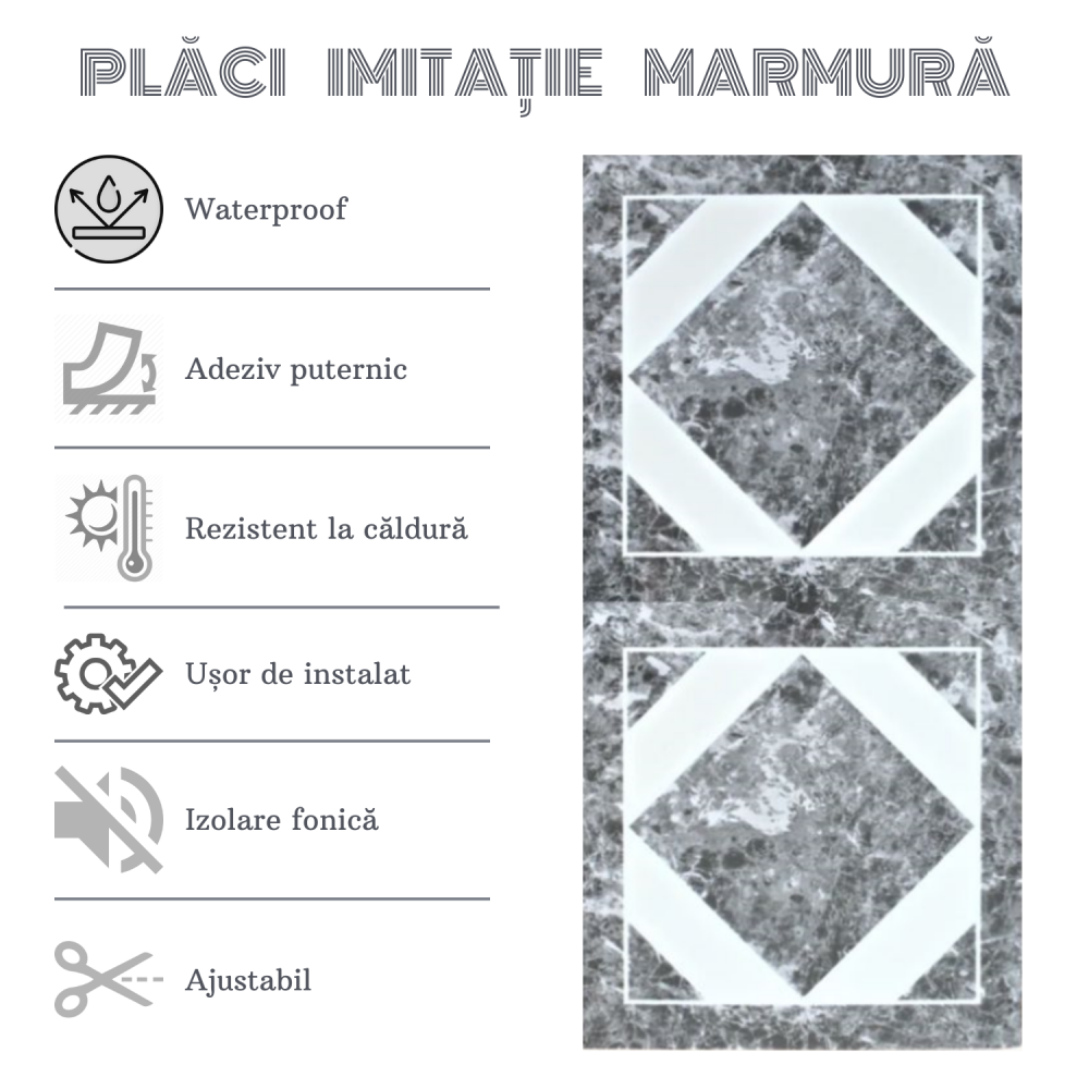 Set 10 Plăci Imitatie Marmură Autoadezive ZMR, 30x60 cm, Model 'Geometric Royal', Grosime 2 mm, Material PVC Impermeabil, Acoperire: 1,8 mp – Pentru Interioare Distincte și Elegante - ZMR [4]