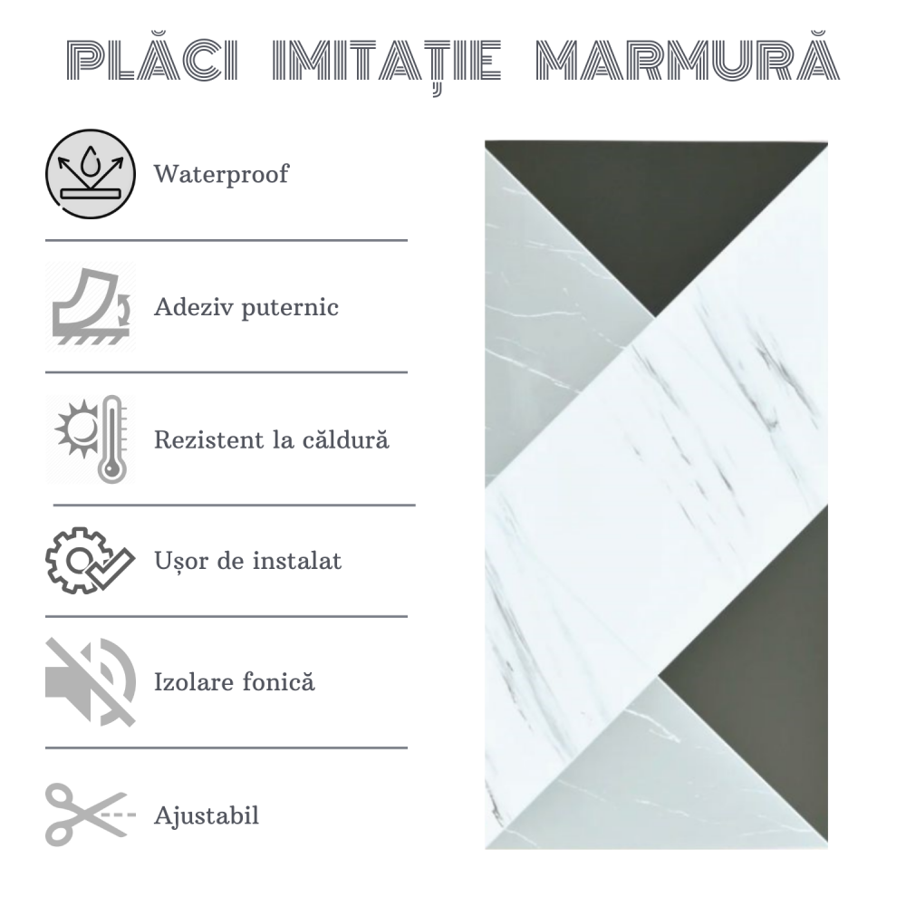 Set 10 Plăci Imitatie Marmură Autoadezive ZMR, 30x60 cm, Model 'Contrast Modern', Grosime 2 mm, Material PVC Impermeabil, Acoperire: 1,8 mp – Ideal pentru Interioare Contemporane - ZMR [4]