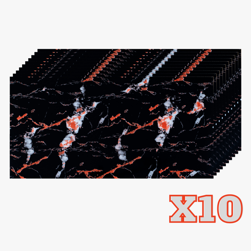 Set 10 Placi Imitatie Marmura Autoadezive ZMR, 30x60 cm, Model 'Focul Nocturn', Grosime 2 mm, Material PVC Impermeabil, Acoperire: 1, 8 mp – Tonuri Dramatic de Negru si Rosu [1]