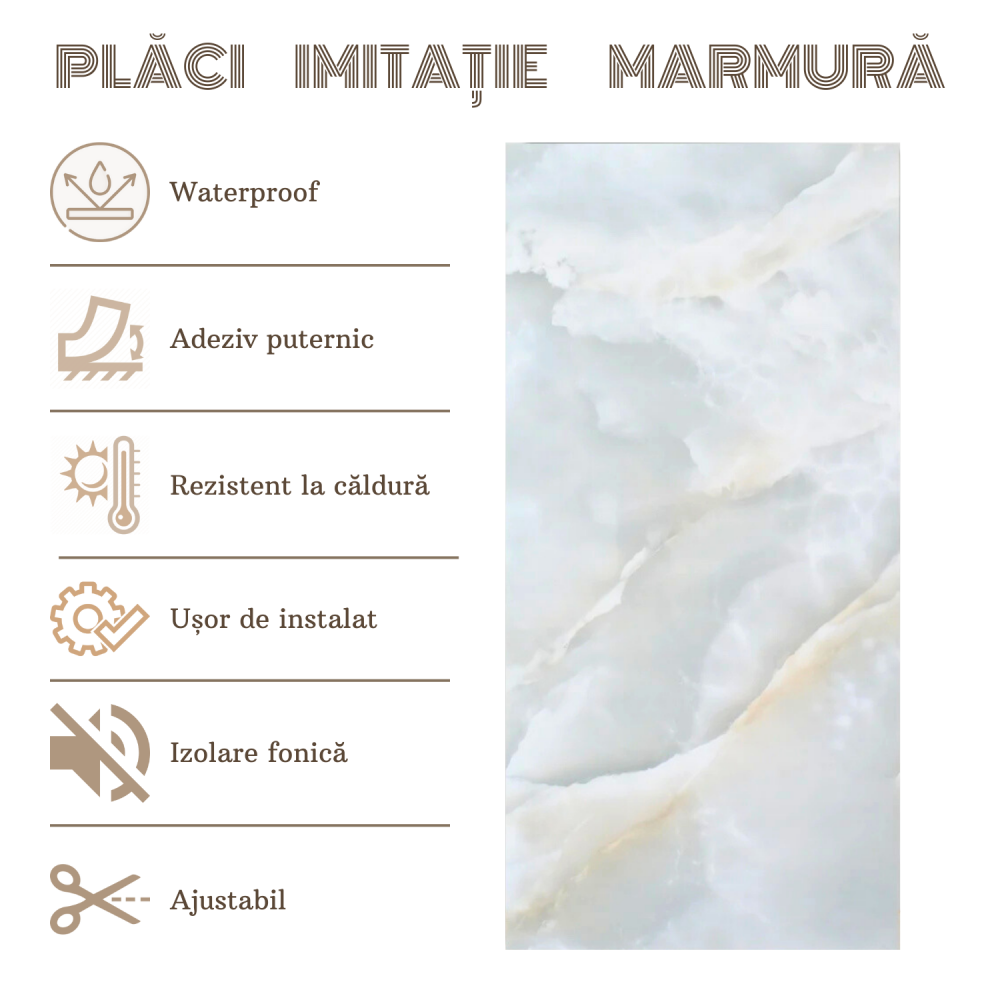 Set 10 Placi Imitatie Marmura Autoadezive ZMR, 30x60 cm, Model 'Marmura Alba', Grosime 2 mm, Material PVC Impermeabil, Acoperire: 1,8 mp – Perfecte pentru Spatii Umede precum Bai sau Bucatarii [4]