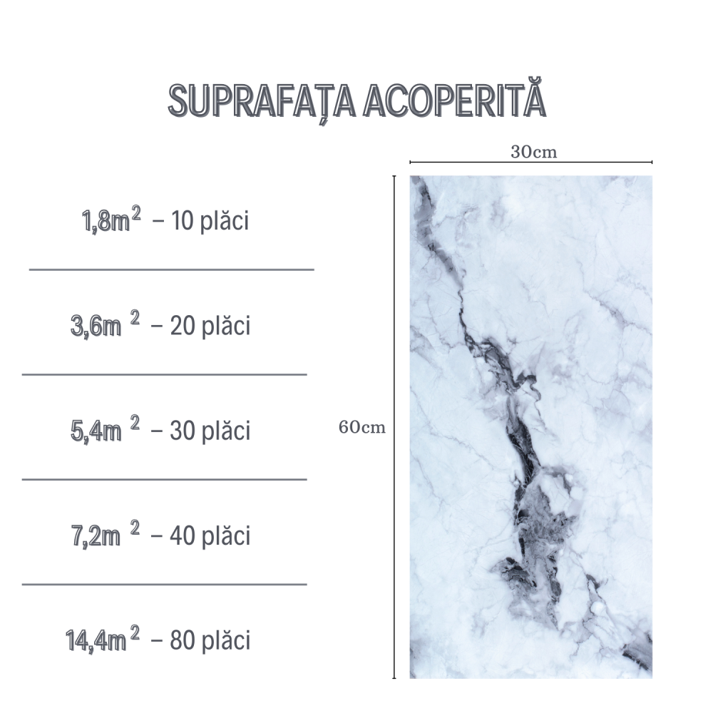 Set 10 Placi Imitatie Marmura Autoadezive ZMR, 30x60 cm, Model 'Reflexii de Gheata', Grosime 2 mm, Material PVC Impermeabil, Acoperire: 1, 8 mp – Eleganta Minimalista pentru Spatii Modern [3]