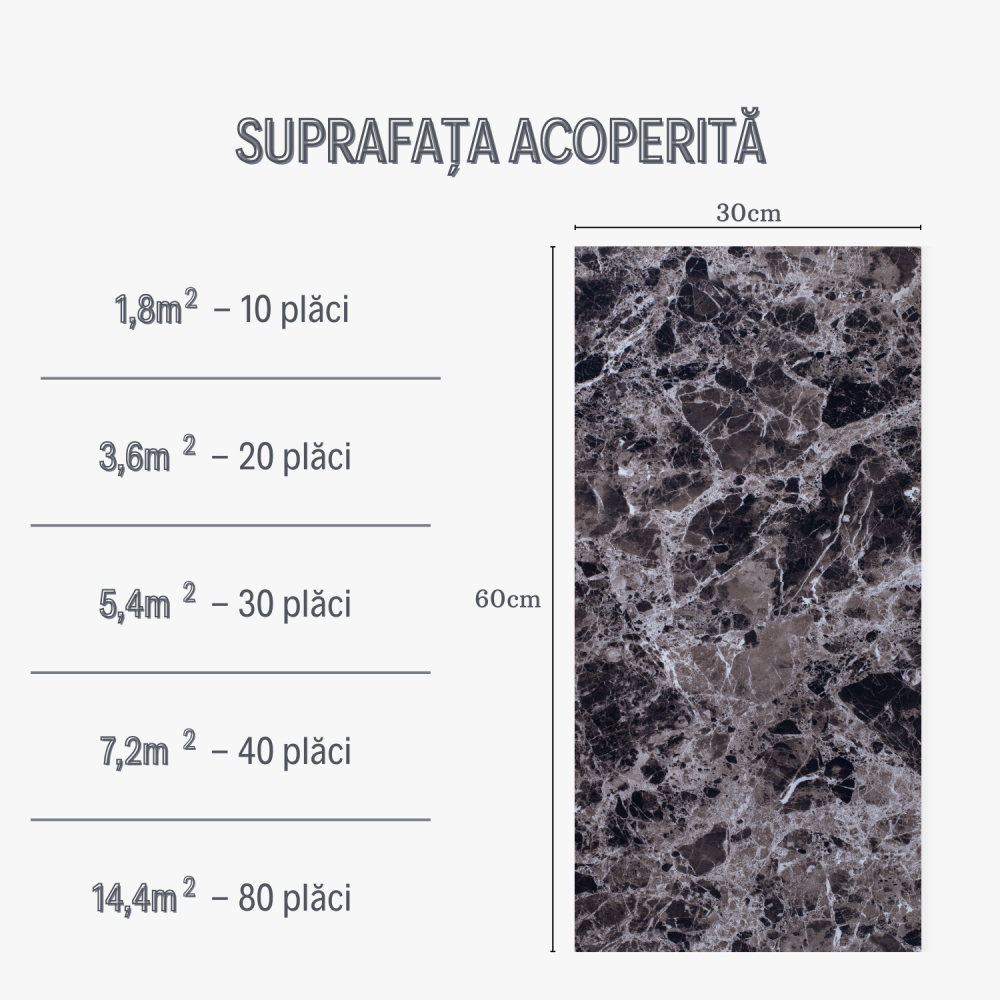 Set 10 Placi Imitatie Marmura Autoadezive ZMR, 30x60 cm, Model 'Tacerea Abisului', Grosime 2 mm, Material PVC Impermeabil, Acoperire: 1, 8 mp – Ideal pentru Interioare Elegante [3]