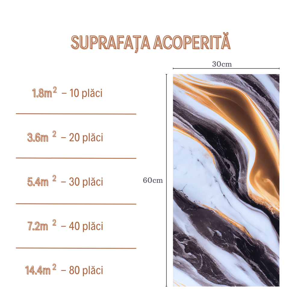 Set 10 Placi Imitatie Marmura Autoadezive ZMR, 30x60 cm, Model 'Valurile Soarelui', Grosime 2 mm, Material PVC Impermeabil, Acoperire: 1, 8 mp – Accente Aurii pentru Interioare Luminoase [4]