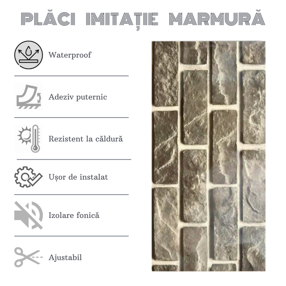 Set 10 Placi Imitatie Marmura Autoadezive ZMR, 30x60 cm, Textura 'Piatra Gri', Grosime 2 mm, Material PVC Rezistent, Acoperire: 1,8 mp – Eleganta si Stil pentru Camerele Tale [4]