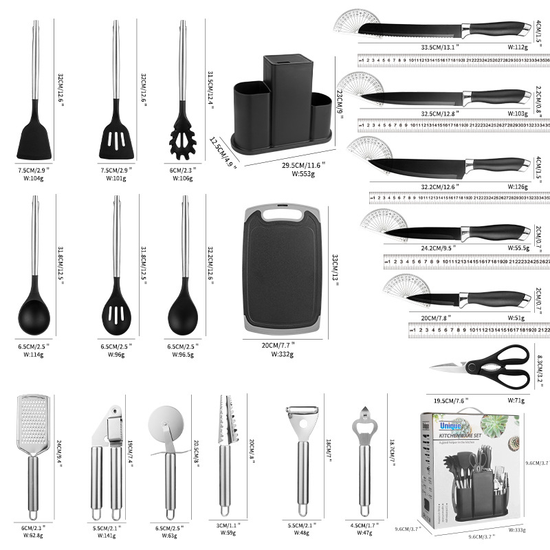 Set 20 Piese Ustensile de Bucatarie si Cutite ZMR® cu Suport Elegant, Tocator, Ustensile din Silicon Rezistente la Caldura, Cutite din Otel Inoxidabil, Accesorii pentru Gatit si Copt, Foarfeca, Razato [6]
