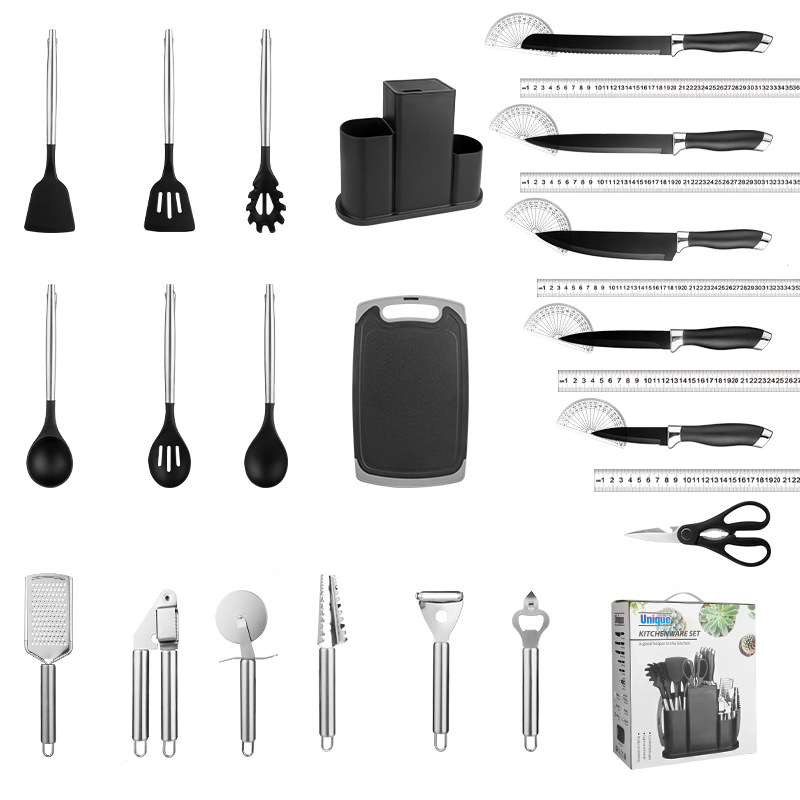 Set 20 Piese Ustensile de Bucatarie si Cutite ZMR® cu Suport Elegant, Tocator, Ustensile din Silicon Rezistente la Caldura, Cutite din Otel Inoxidabil, Accesorii pentru Gatit si Copt, Foarfeca, Razato [5]
