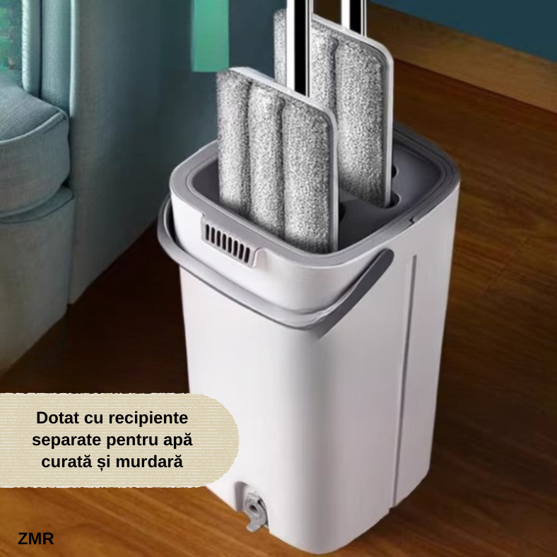 Set Mop Profesional ZMR cu Galeata si 2 Lavete din Microfibra, Functie de Autostoarcere, 360° Rotatie, Plastic si Metal Rezistent, Ideal pentru Podele din Lemn, Gresie si Linoleum, Culoare Alb [6]