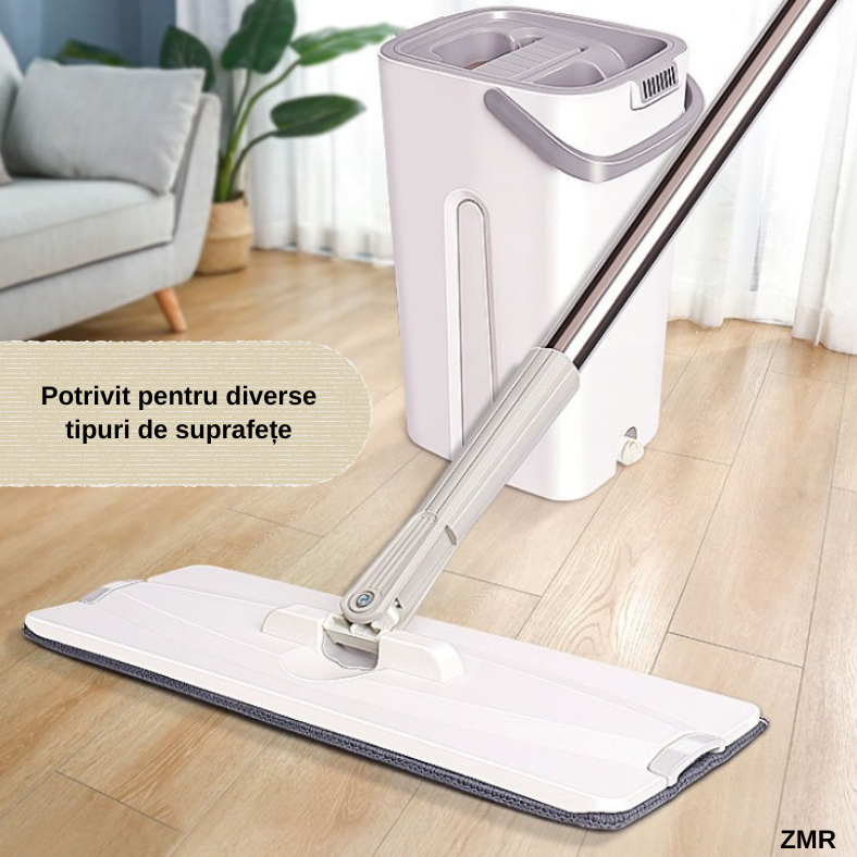 Set Mop Profesional ZMR cu Galeata si 2 Lavete din Microfibra, Functie de Autostoarcere, 360° Rotatie, Plastic si Metal Rezistent, Ideal pentru Podele din Lemn, Gresie si Linoleum, Culoare Alb [7]