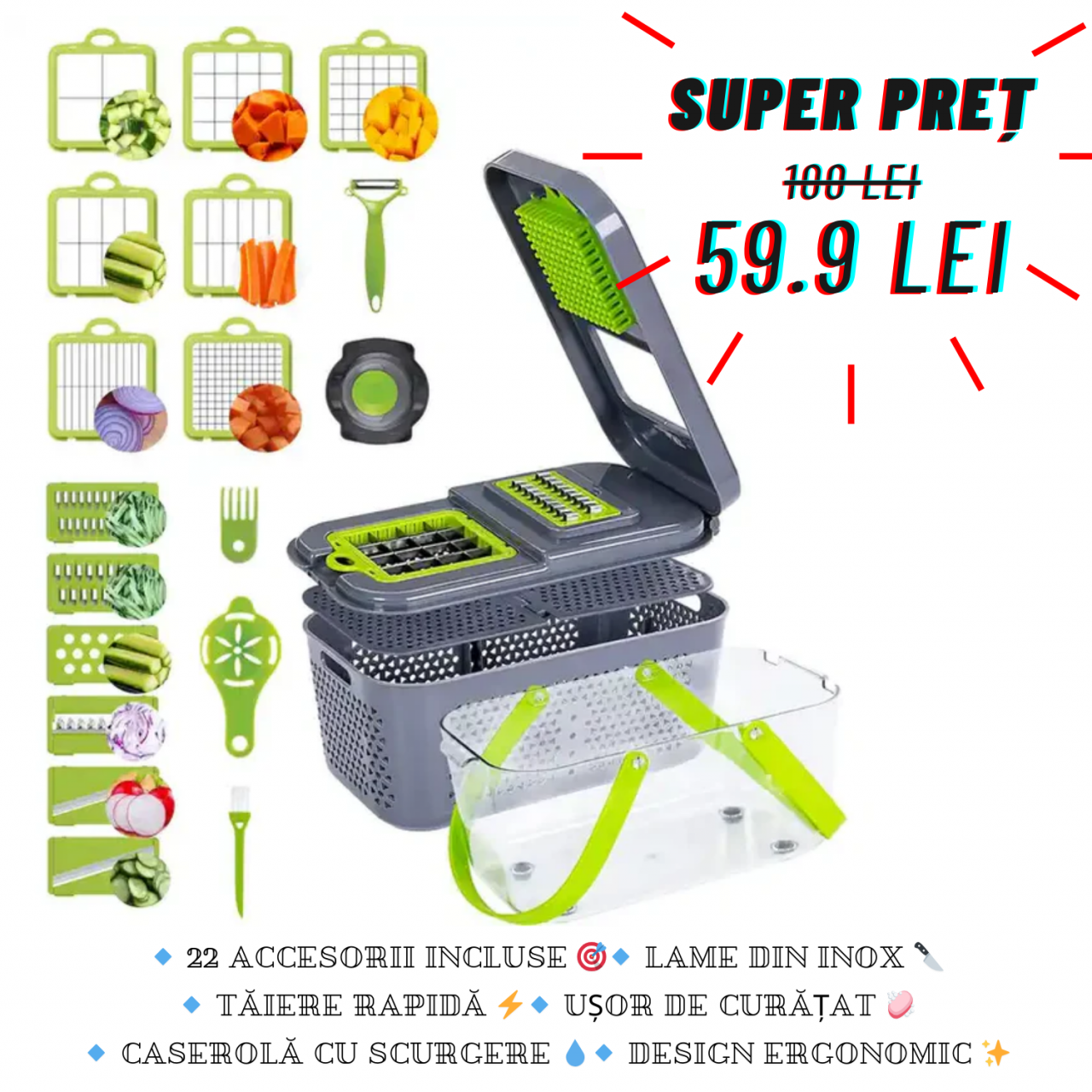 Tocator si Razatoare Multifunctionala 22 in 1, Lame Inox, Caserola cu Scurgere, Accesorii de Protectie, Feliere, Tocare, Razuire, Separator Oua, Accesorii Curatare, Ideal pentru Salate, Legume si Fruc [1]